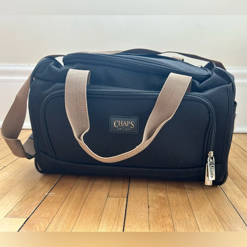 Chaps Black Duffel Bag with Tan Handles and Strap